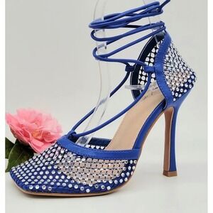Mixx Shuz Rosalyn Blue Rhinestone Mesh Square Toe Lace Up Stiletto Heels Size 10